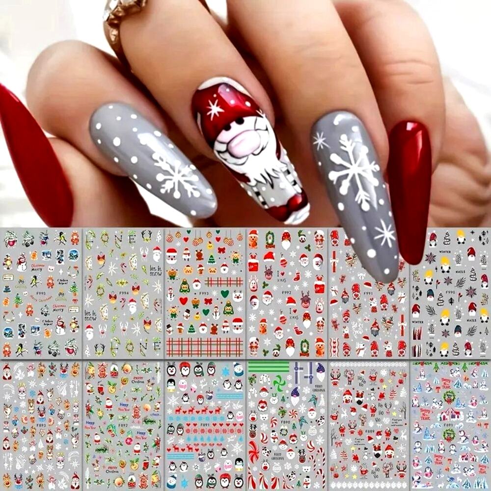 12 Sheets Christmas Holiday Reindeer Bears Santa Nail Art Stickers Self Adhesive